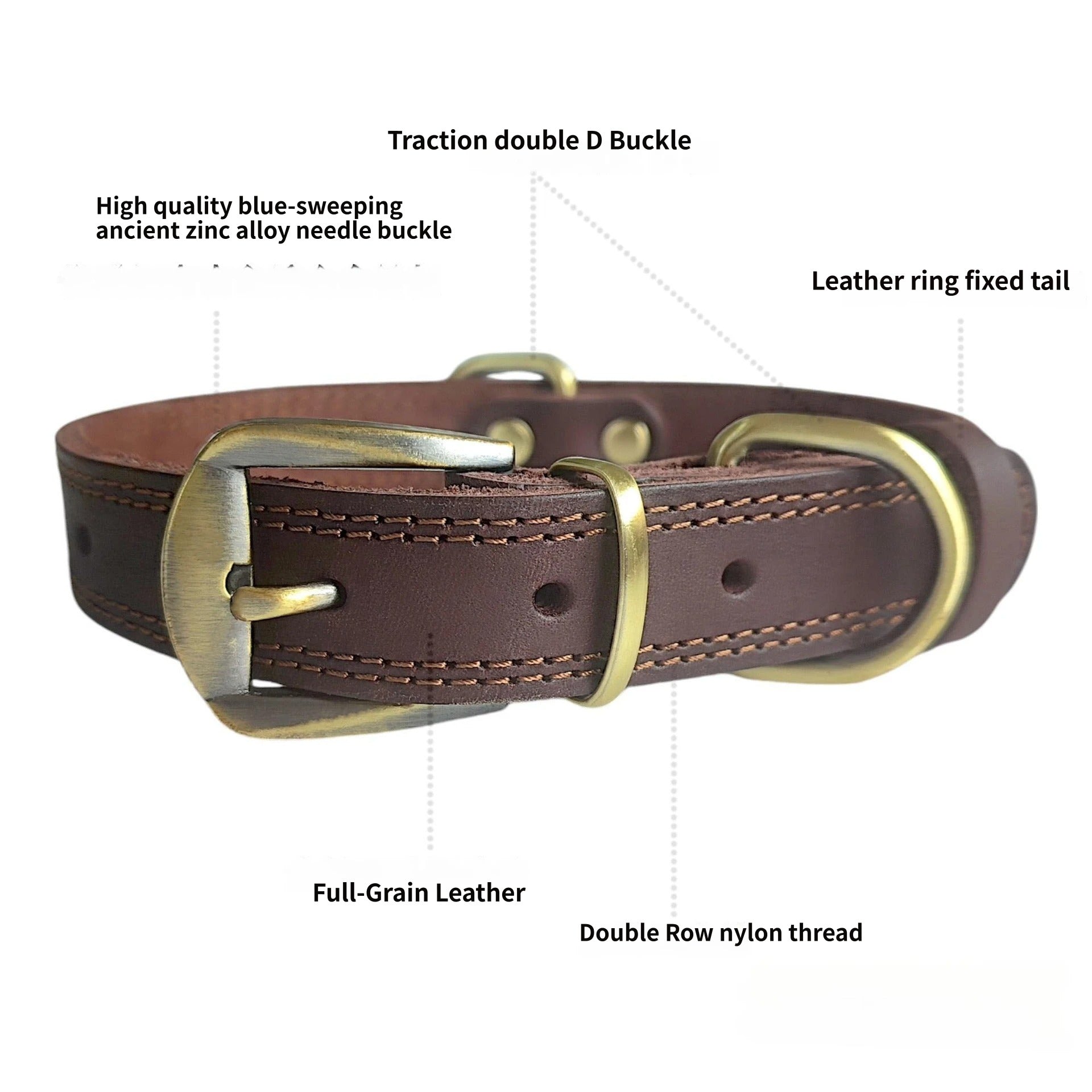 Genuine Leather Dog Collar with Solid Brass Buckle Classic Vintage Pet Collar Heavy Duty Anti-Pull Leather Collar for Small Medium Large Dogs