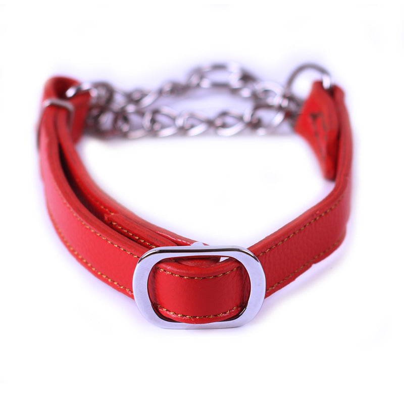 Genuine Leather Martingale Dog Collar Stainless Steel dog Half Check Training P Chain Collar Adjustable Heavy Duty Pet walking collar