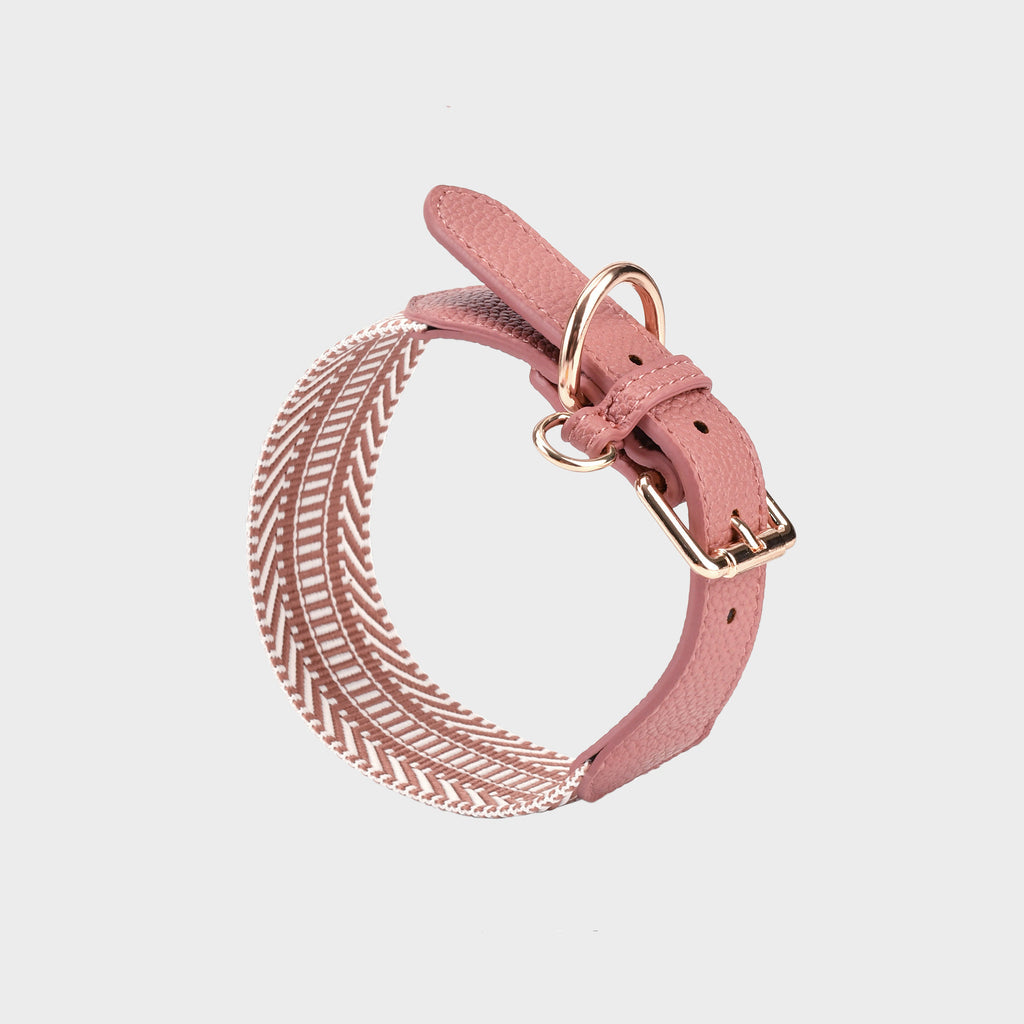 Wide striped Webbing Dog Collar and Leash Set Genuine Leather Trim Adjustable Pet Collar Jacquard Woven Boho Dog Collar