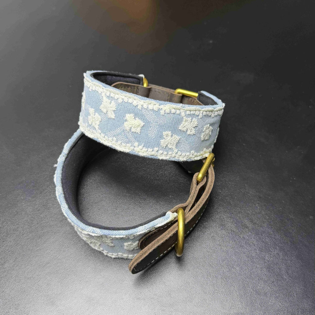 3.8cm Wide Soft Lace Embroidered Pet Collar Full‑Grain Genuine Leather Dog Collar adjustable Heavy‑Duty Dog walking Collar