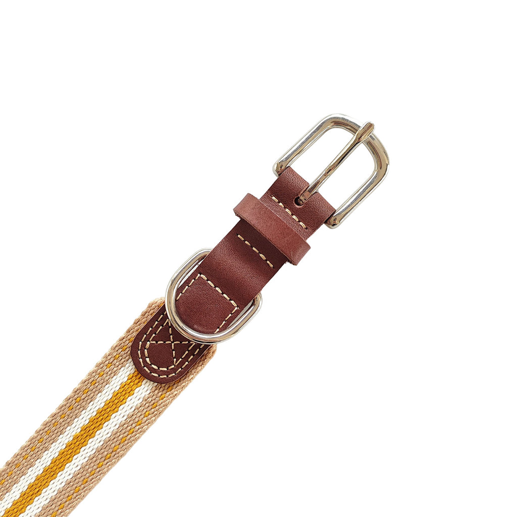 Full‑Grain Genuine Leather Dog Collar with Striped Cotton Webbing Adjustable Heavy Duty Anti‑Pull Pet Walking Collar