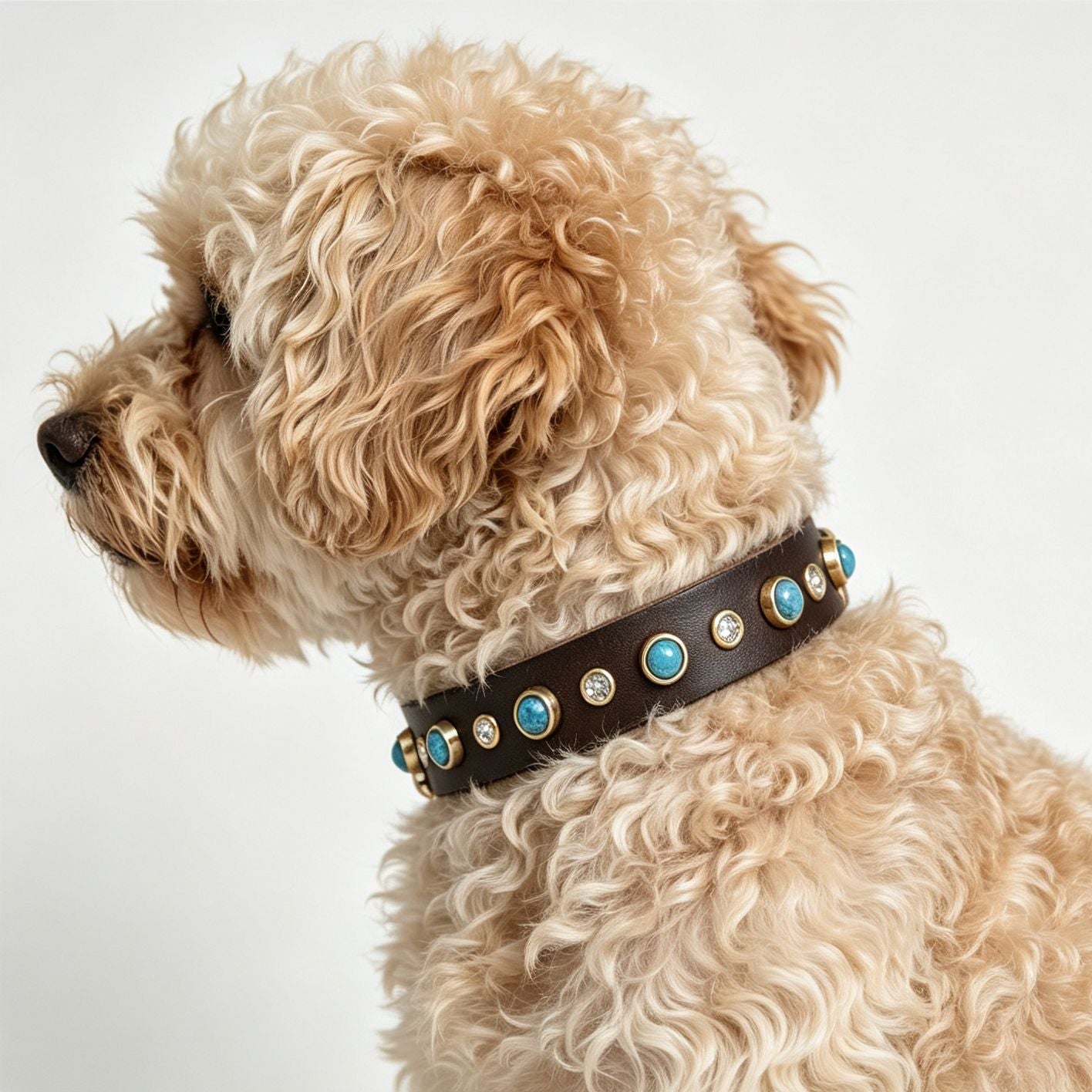 Genuine Leather Dog Collar Inlaid Turquoise & Rhinestones Handmade Soft full grain leather Collar for Small medium dogs