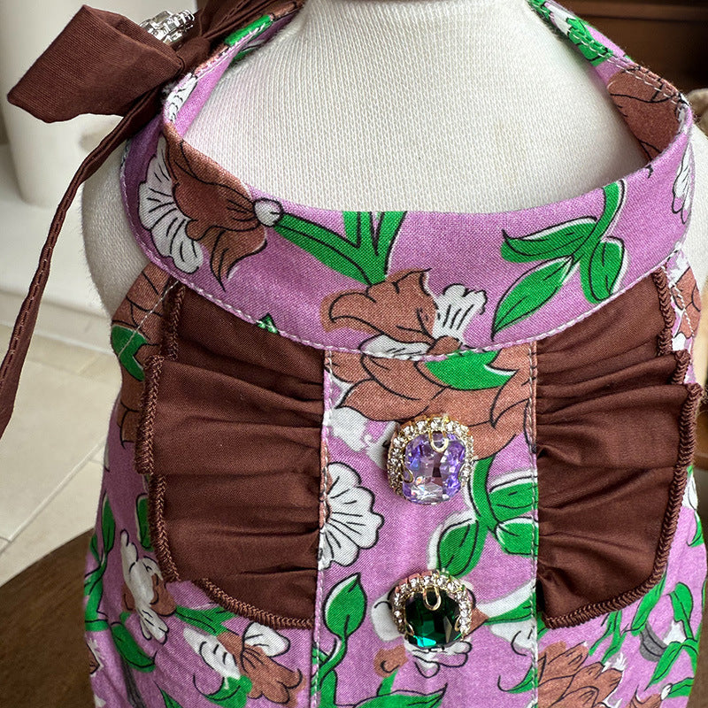 Halter Floral Cotton Puppy Party Dress with Gem Bow for Small Girl Dogs