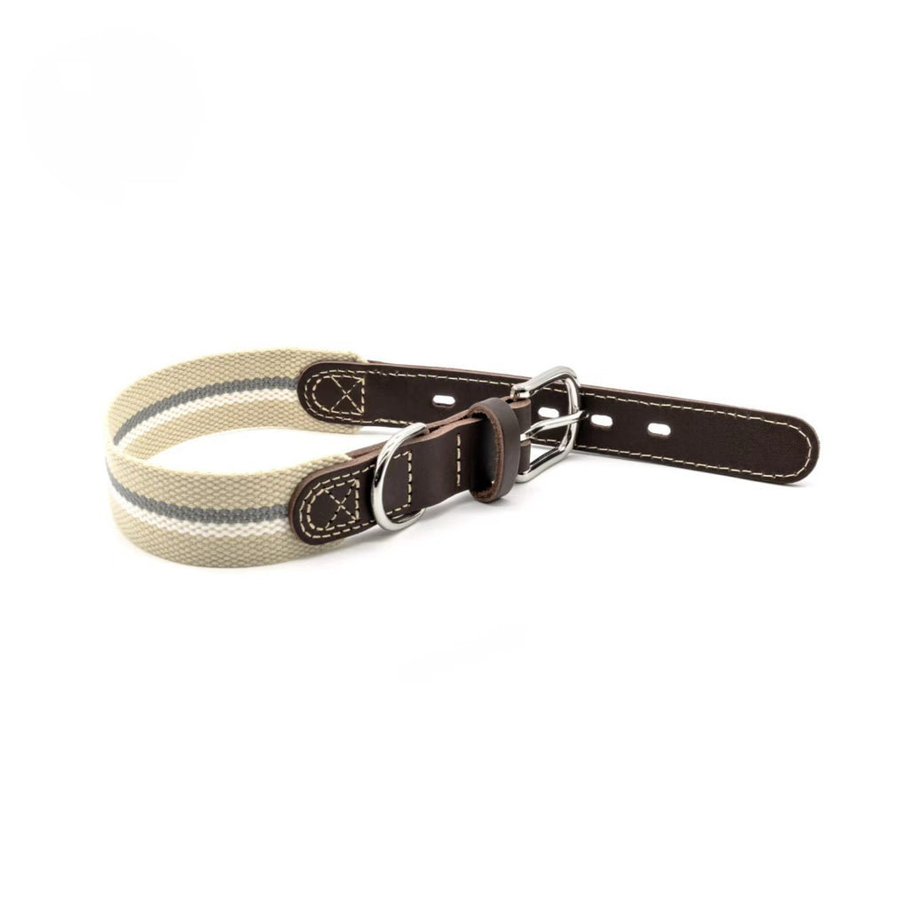 Full‑Grain Genuine Leather Dog Collar with Striped Cotton Webbing Adjustable Heavy Duty Anti‑Pull Pet Walking Collar