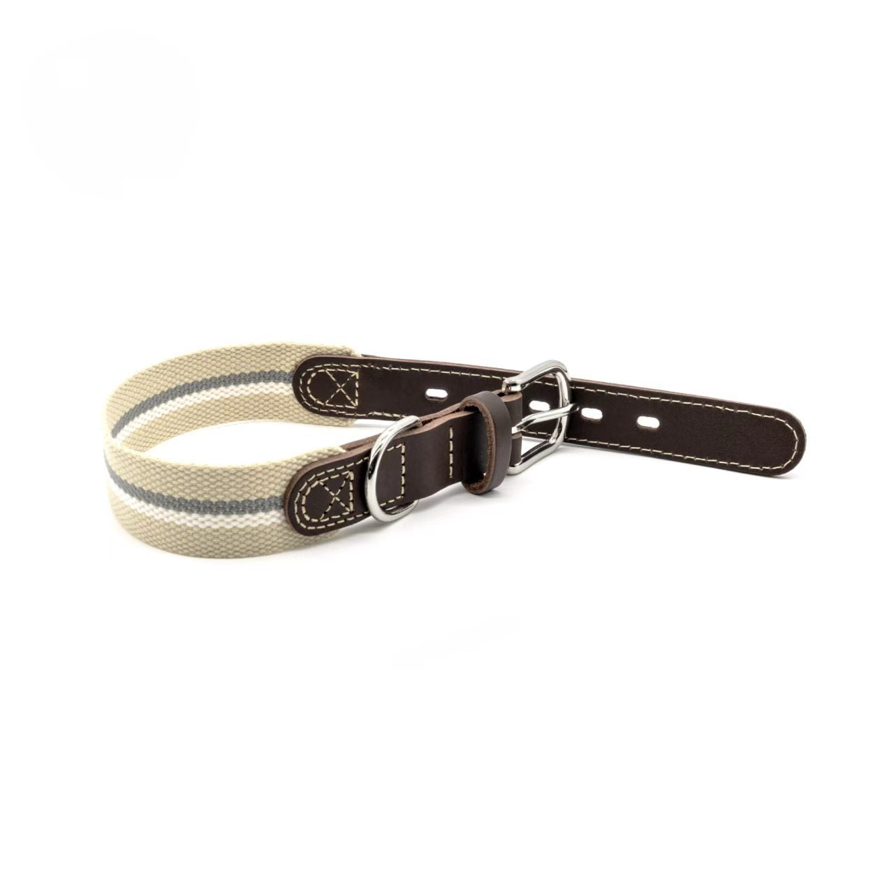 Full‑Grain Genuine Leather Dog Collar with Striped Cotton Webbing Adjustable Heavy Duty Anti‑Pull Pet Walking Collar