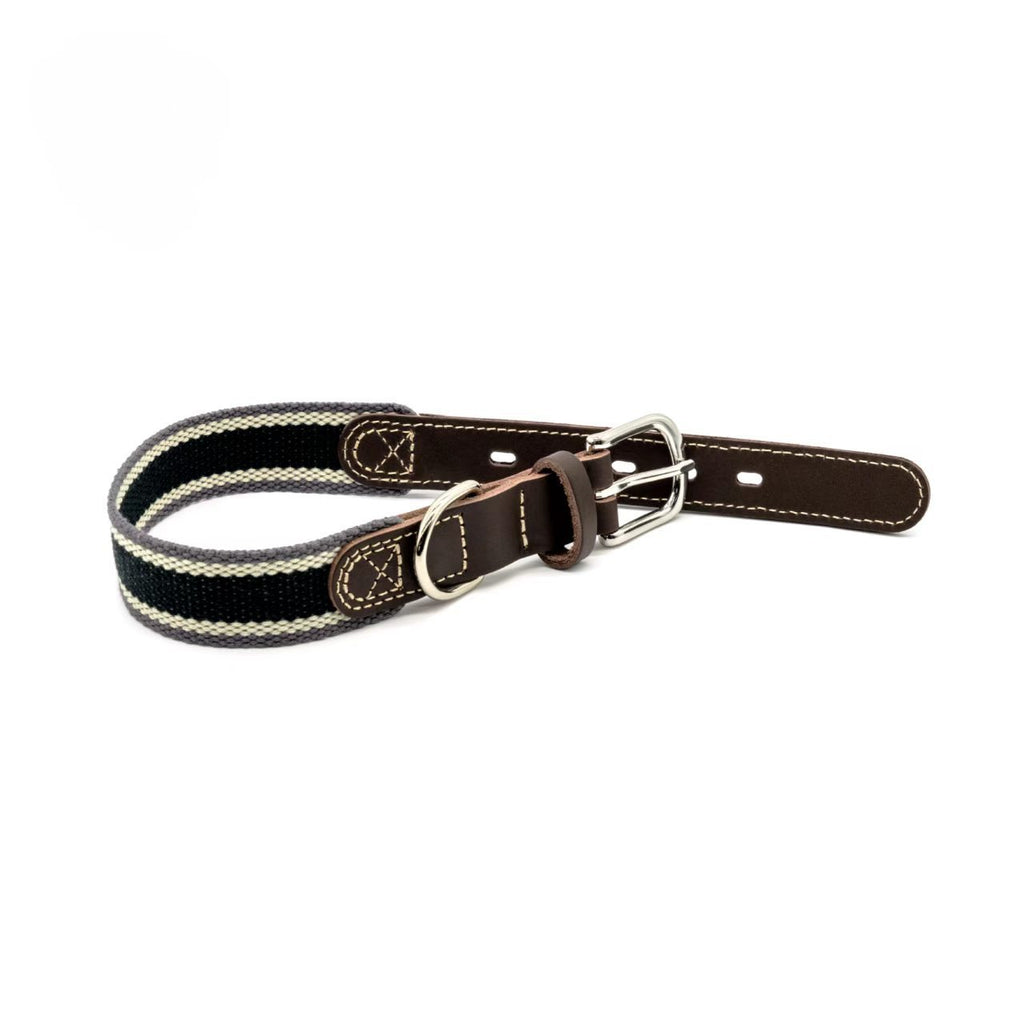 Full‑Grain Genuine Leather Dog Collar with Striped Cotton Webbing Adjustable Heavy Duty Anti‑Pull Pet Walking Collar