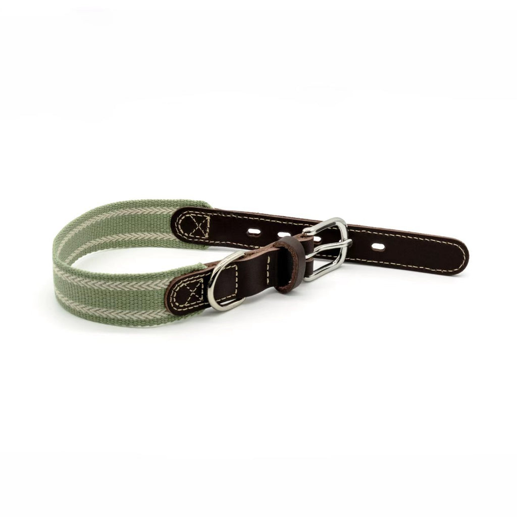 Full‑Grain Genuine Leather Dog Collar with Striped Cotton Webbing Adjustable Heavy Duty Anti‑Pull Pet Walking Collar