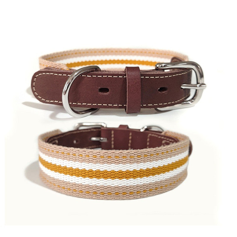 Full‑Grain Genuine Leather Dog Collar with Striped Cotton Webbing Adjustable Heavy Duty Anti‑Pull Pet Walking Collar