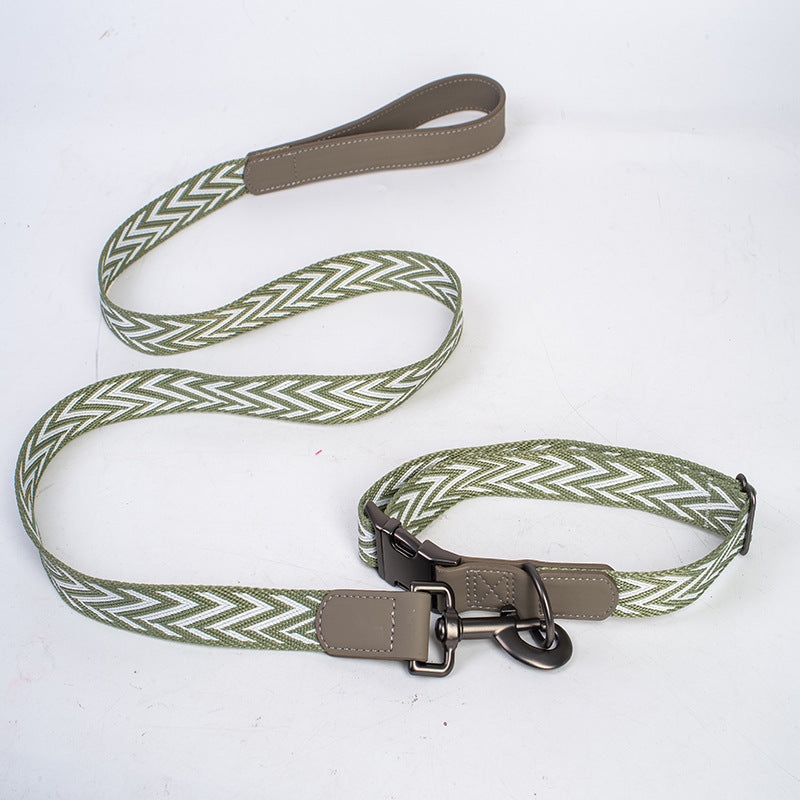 striped Webbing Dog Collar and Leash Set PU Leather Trim Adjustable Pet Collar Jacquard Woven Boho Dog Collar