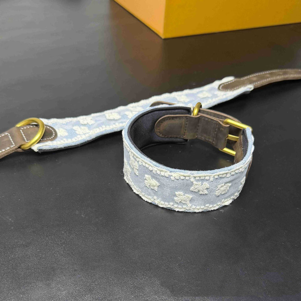 3.8cm Wide Soft Lace Embroidered Pet Collar Full‑Grain Genuine Leather Dog Collar adjustable Heavy‑Duty Dog walking Collar