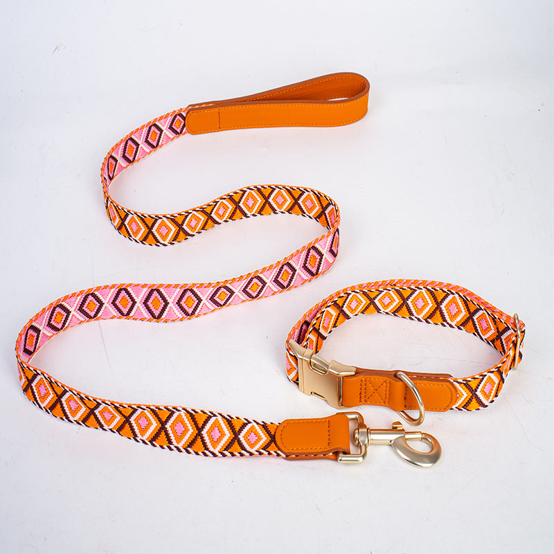 Boho Jacquard Woven Dog Collar and Leash Set PU Leather Reinforced Adjustable Anti Pull Pet Collar and  leash