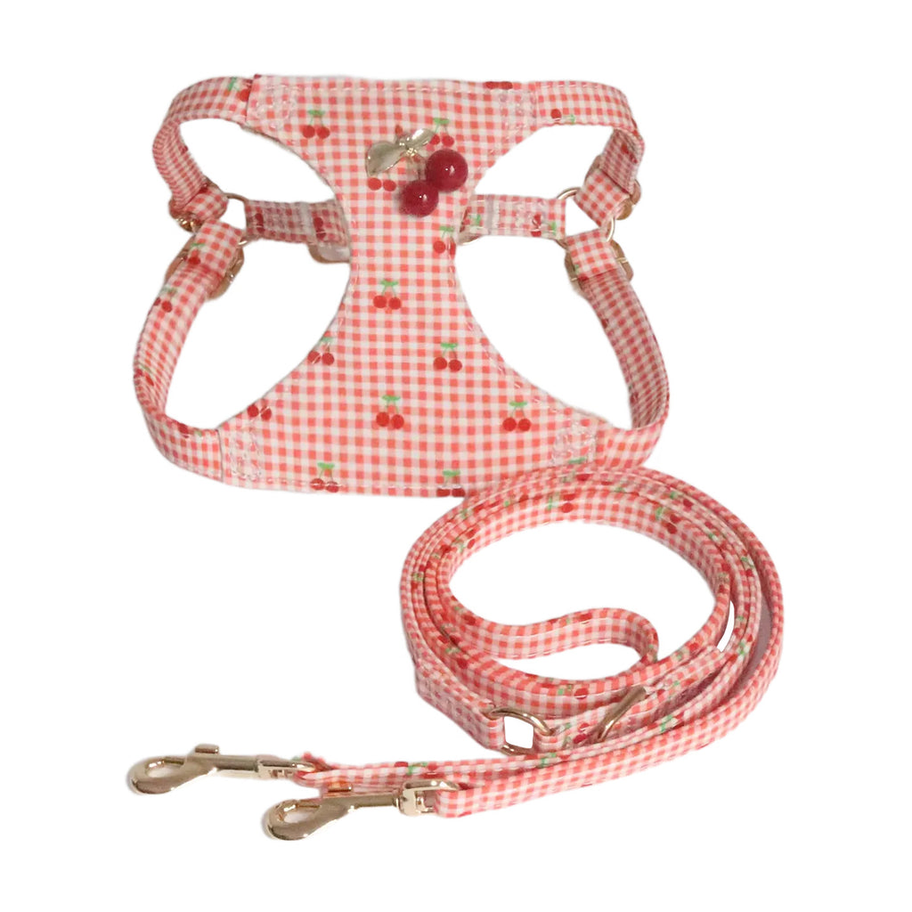 Cotton Dog Harness and Leash Set Plaid Cherry Pattern Lightweight pet vest harness Soft walking harness for small medium dogs