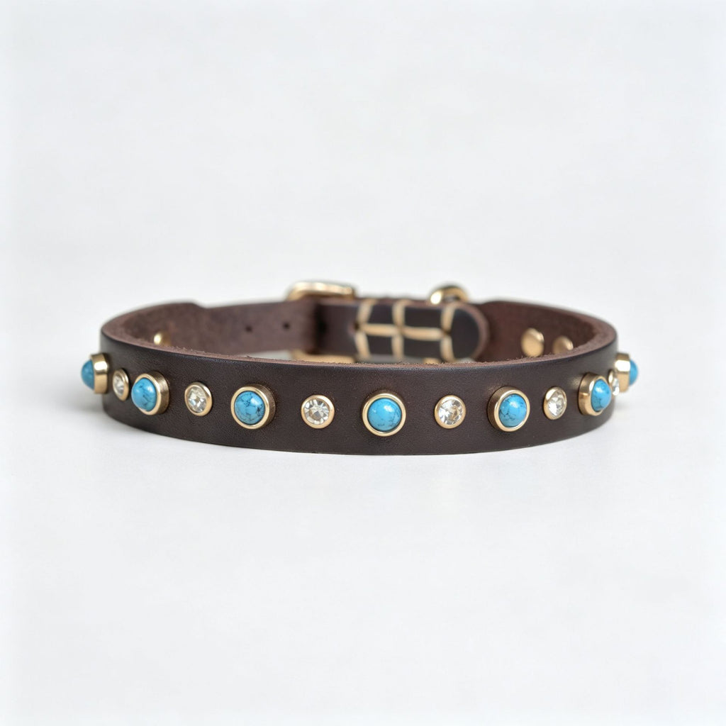 Genuine Leather Dog Collar Inlaid Turquoise & Rhinestones Handmade Soft full grain leather Collar for Small medium dogs