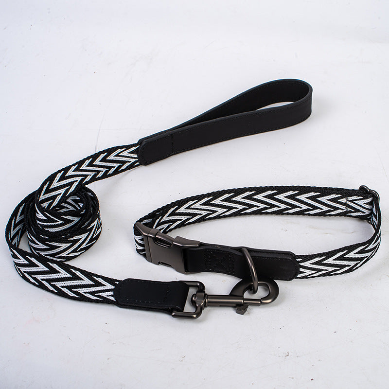 striped Webbing Dog Collar and Leash Set PU Leather Trim Adjustable Pet Collar Jacquard Woven Boho Dog Collar