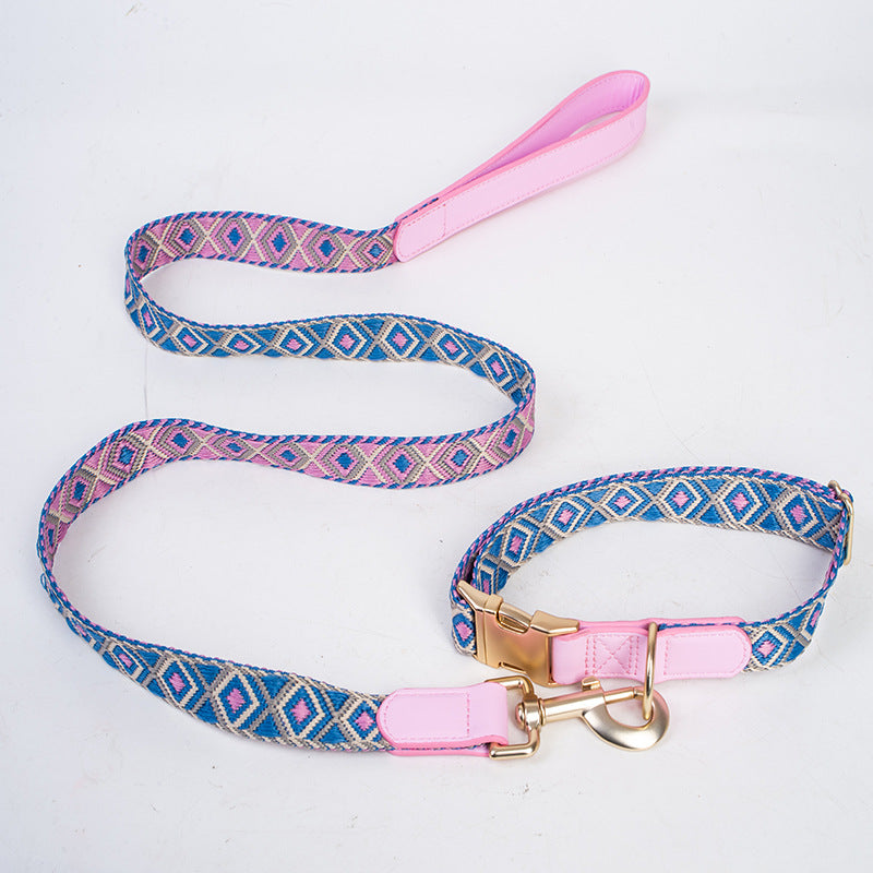Boho Jacquard Woven Dog Collar and Leash Set PU Leather Reinforced Adjustable Anti Pull Pet Collar and  leash