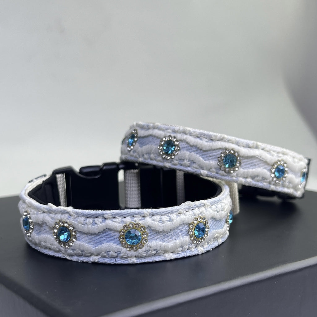 Soft Lace Embroidered Pet Collar with Rhinestone adjustable soft Dog Collar Heavy‑Duty Dog walking Collar