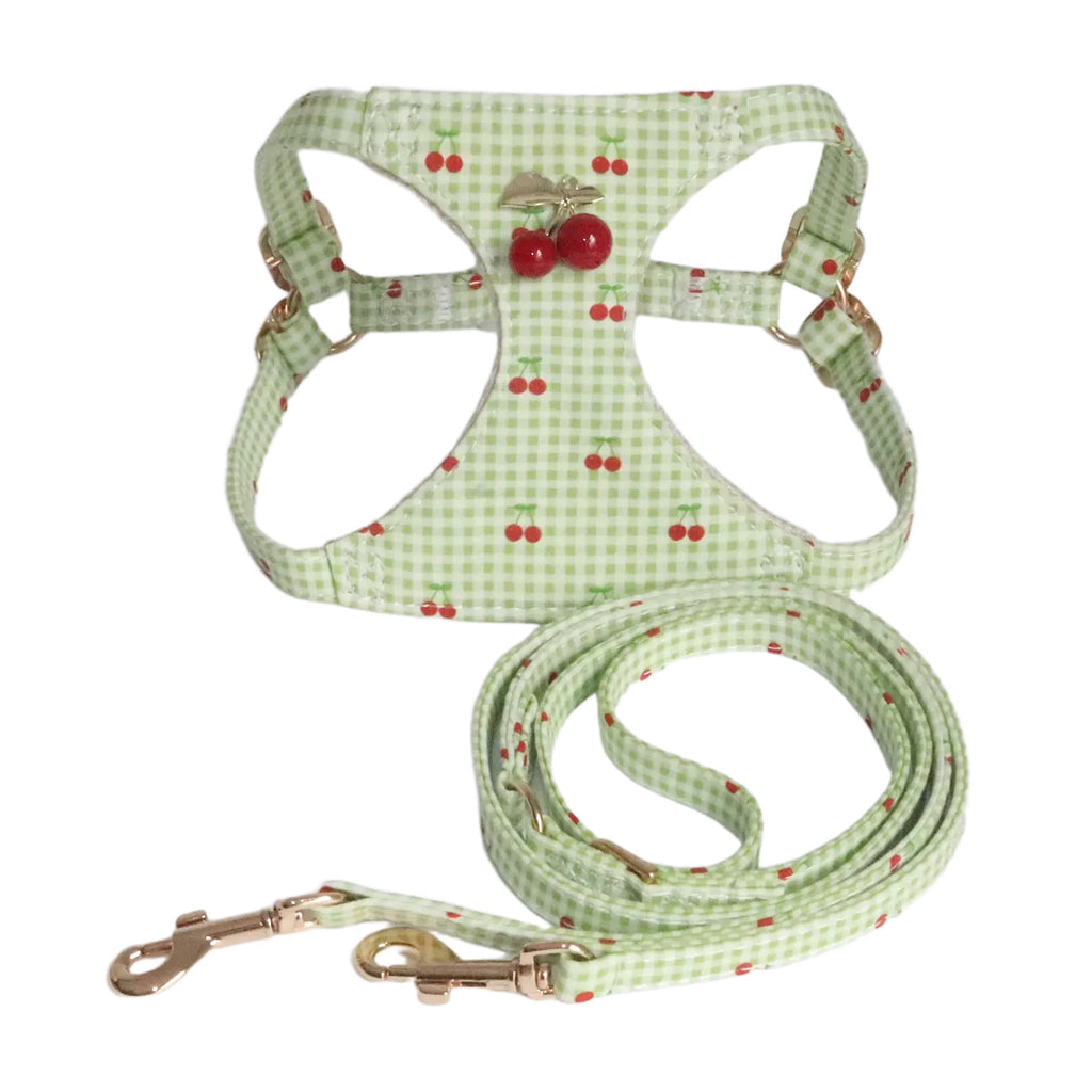 Cotton Dog Harness and Leash Set Plaid Cherry Pattern Lightweight pet vest harness Soft walking harness for small medium dogs