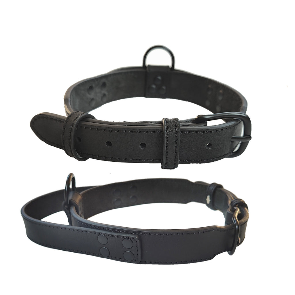 Genuine Full Grain Leather Dog Collar with Traffic Handle Adjustable Heavy Duty Training Collar for Medium Large Dogs