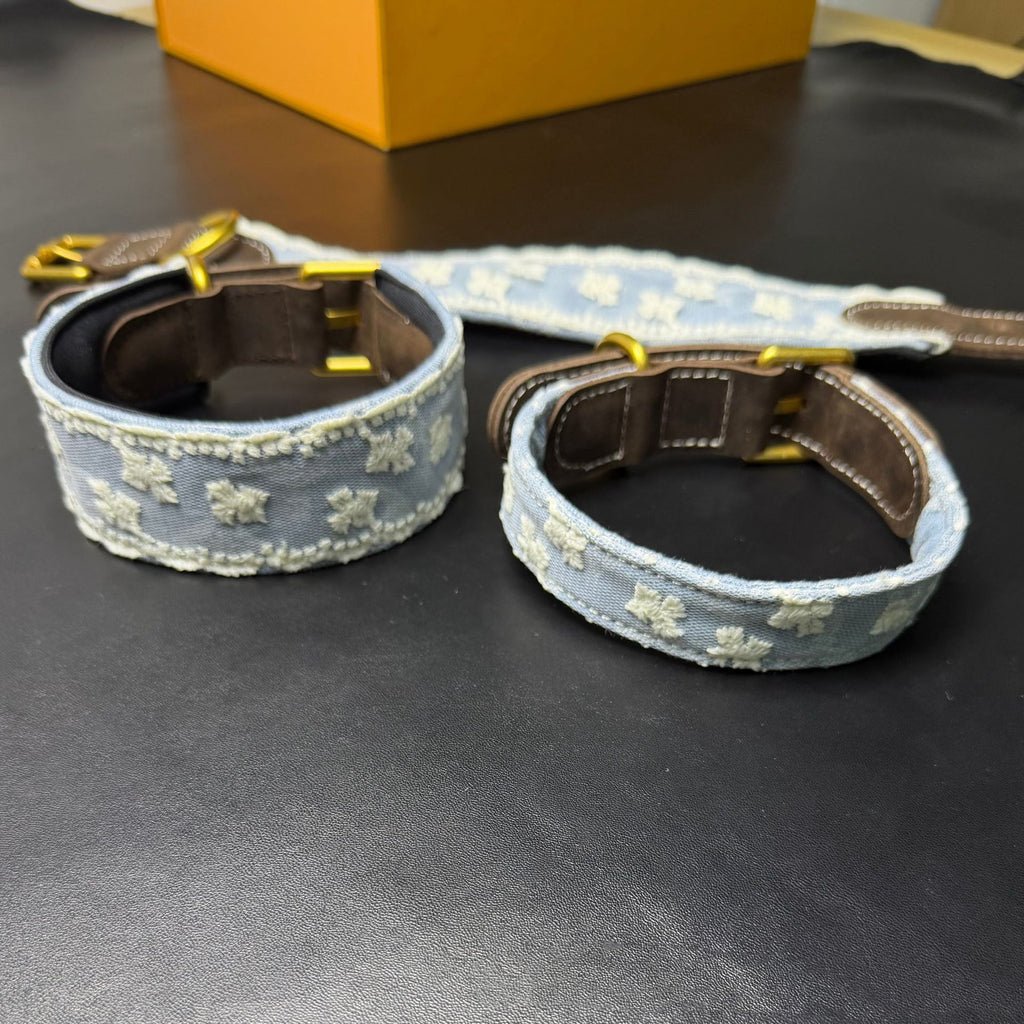 3.8cm Wide Soft Lace Embroidered Pet Collar Full‑Grain Genuine Leather Dog Collar adjustable Heavy‑Duty Dog walking Collar