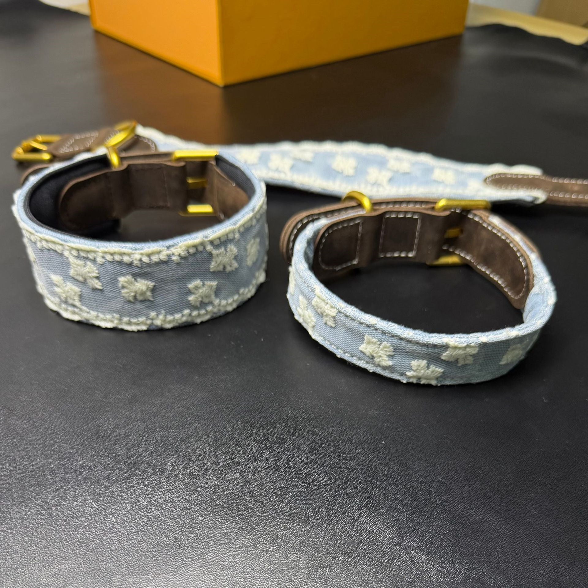 3.8cm Wide Soft Lace Embroidered Pet Collar Full‑Grain Genuine Leather Dog Collar adjustable Heavy‑Duty Dog walking Collar