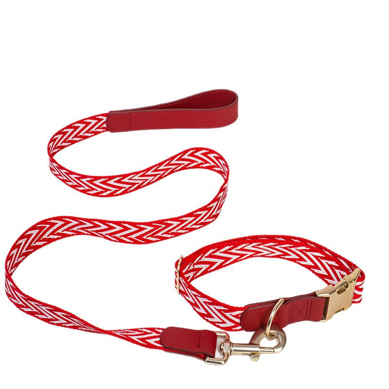 striped Webbing Dog Collar and Leash Set PU Leather Trim Adjustable Pet Collar Jacquard Woven Boho Dog Collar