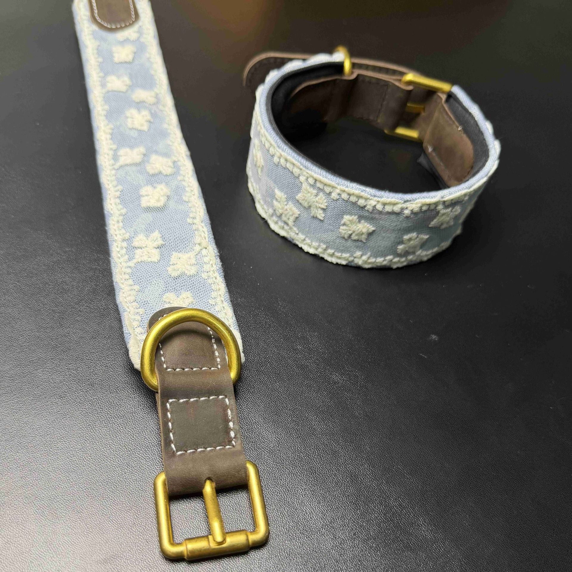 3.8cm Wide Soft Lace Embroidered Pet Collar Full‑Grain Genuine Leather Dog Collar adjustable Heavy‑Duty Dog walking Collar