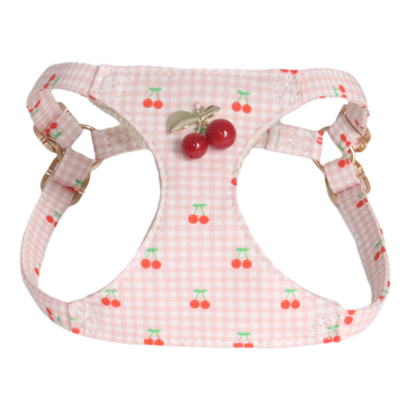 Cotton Dog Harness and Leash Set Plaid Cherry Pattern Lightweight pet vest harness Soft walking harness for small medium dogs