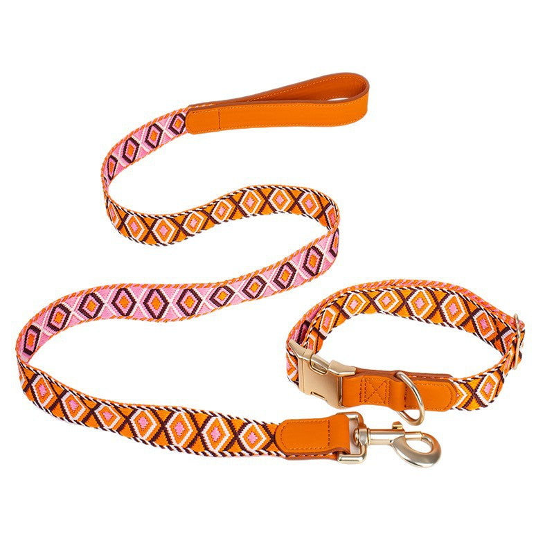Boho Jacquard Woven Dog Collar and Leash Set PU Leather Reinforced Adjustable Anti Pull Pet Collar and  leash