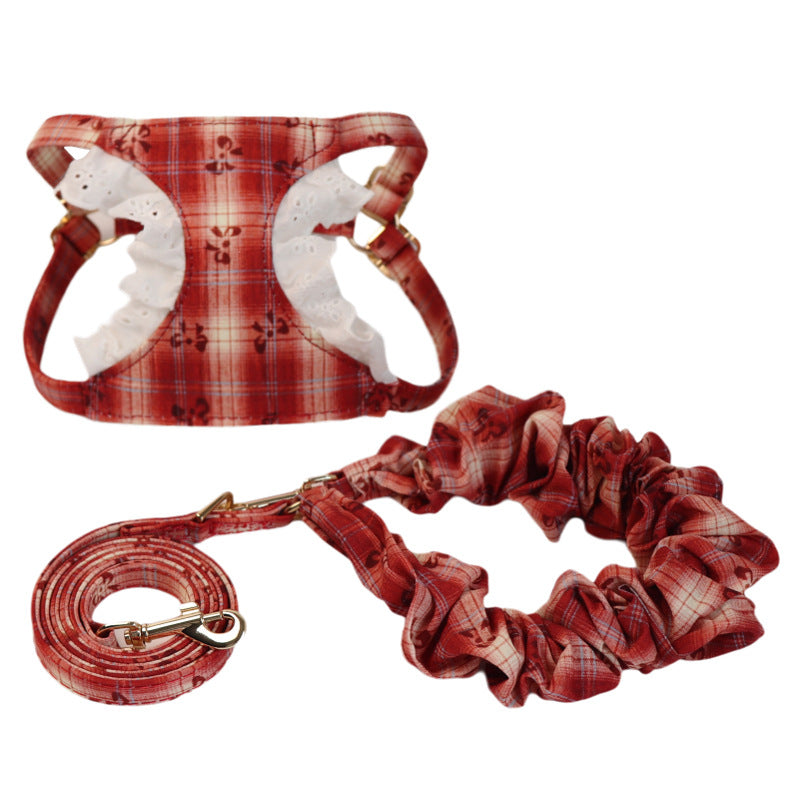 Cotton lace Dog Harness and Leash Set Plaid Lightweight pet vest harness Soft walking harness for small medium dogs