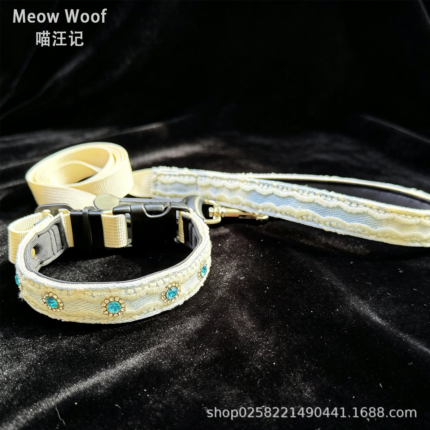 Soft Lace Embroidered Pet Collar with Rhinestone adjustable soft Dog Collar Heavy‑Duty Dog walking Collar