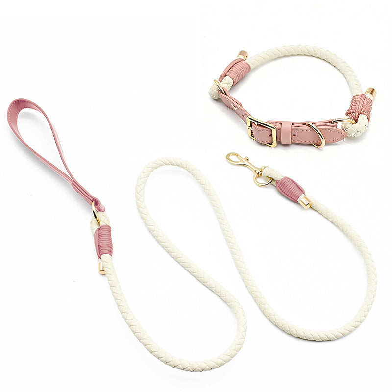 Hand Braided Rope Dog collar and Leash PU leather adjustable pet collar Multi-Functional Heavy Duty Walking Training Dog Leash