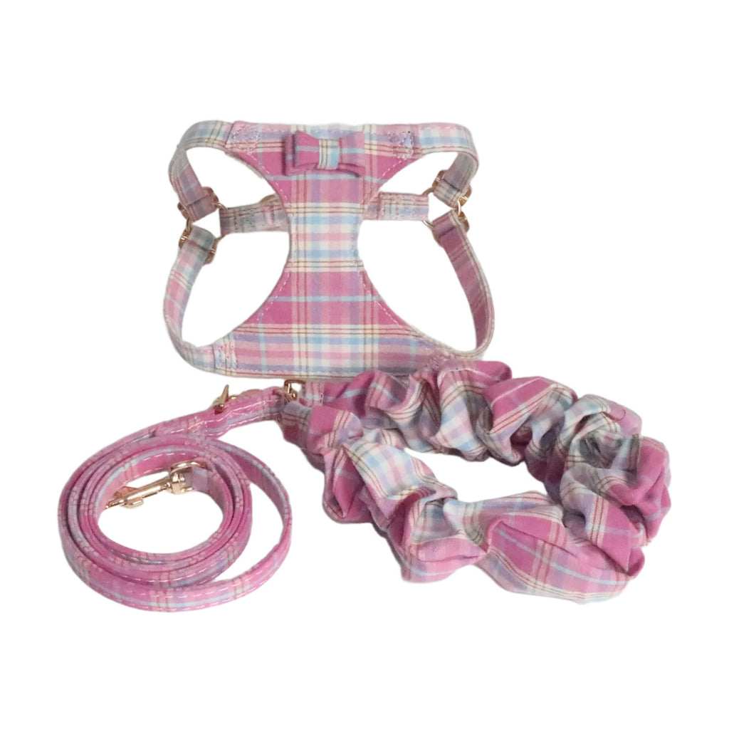 plaid pet harness and leash set with bow detail