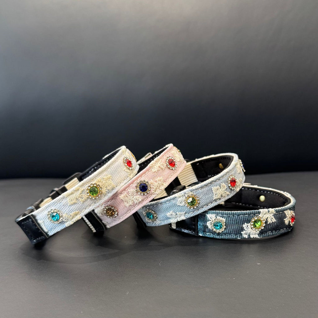 soft pet Lace collar with Colorful Rhinestones cotton Jacquard Dog walking Collar adjustable lightweight pet leads