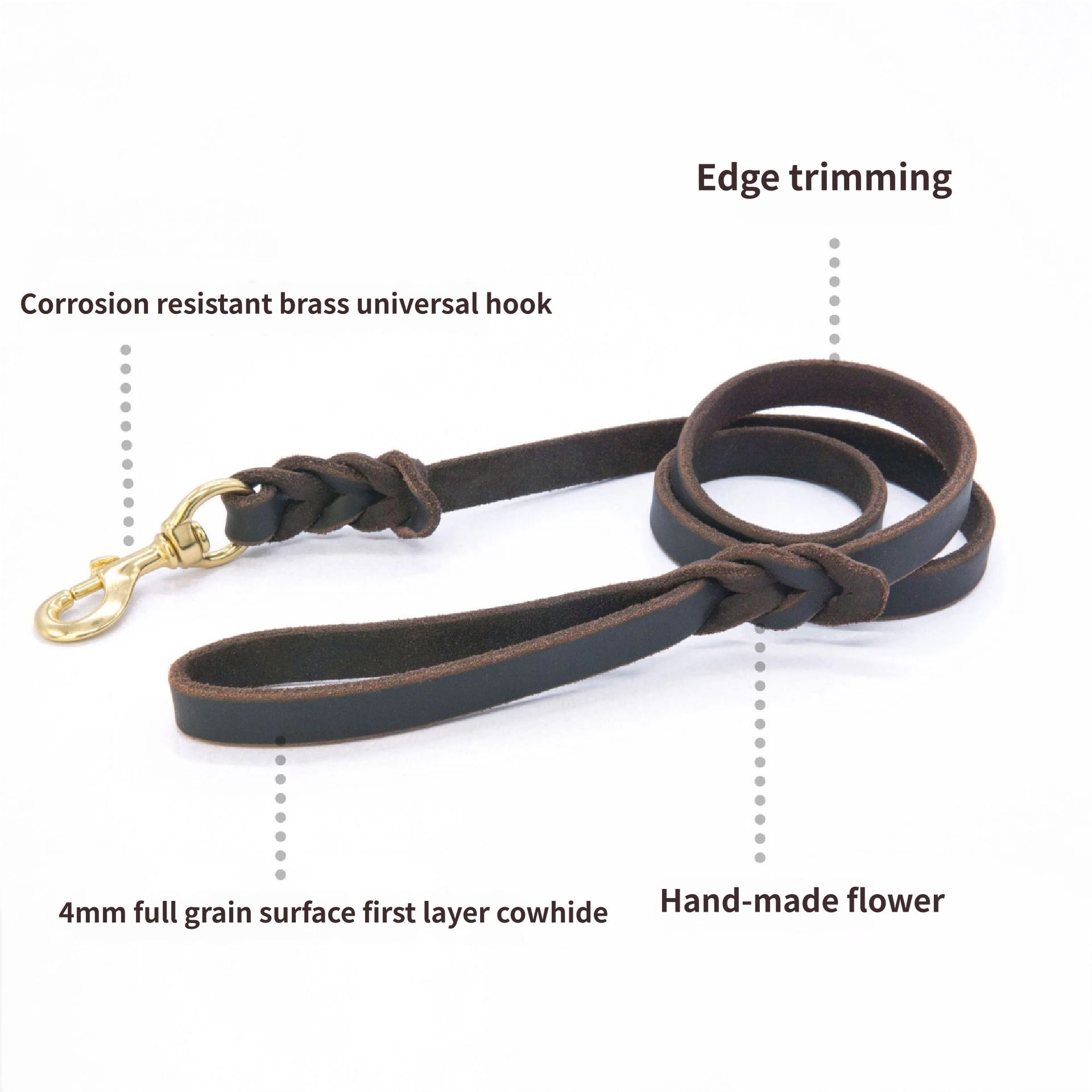 Genuine Leather Braided Dog Leash Heavy Duty Anti-Pull Walking Lead with Brass Hook Dog Training Leash for Daily Dog Walking