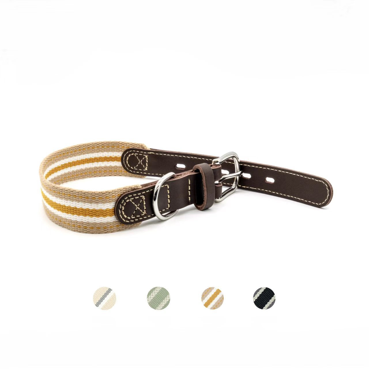 Full‑Grain Genuine Leather Dog Collar with Striped Cotton Webbing Adjustable Heavy Duty Anti‑Pull Pet Walking Collar