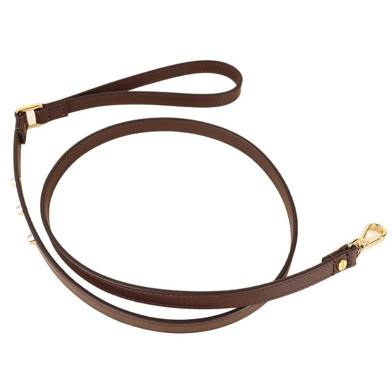 Genuine Leather Dog Leash Thin Stylish Pet Walking Leash with Gold Round Studs Adjustable Soft Leather Puppy Lead