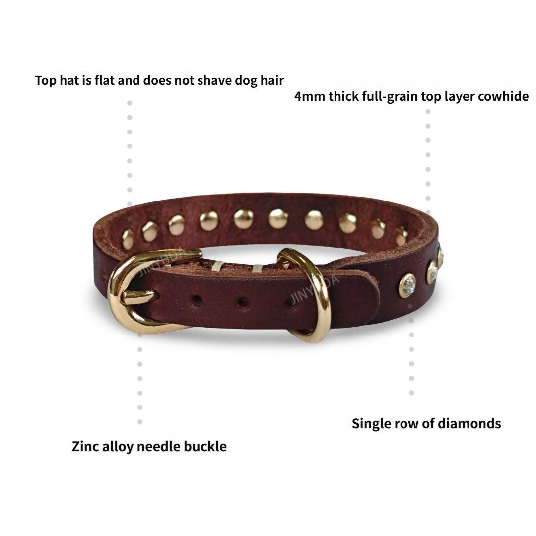 Genuine Leather Dog Collar with  Rhinestone Adjustable Soft Leather Pet Collar Durable no-pull Walking Collar for Small Dogs & Cats