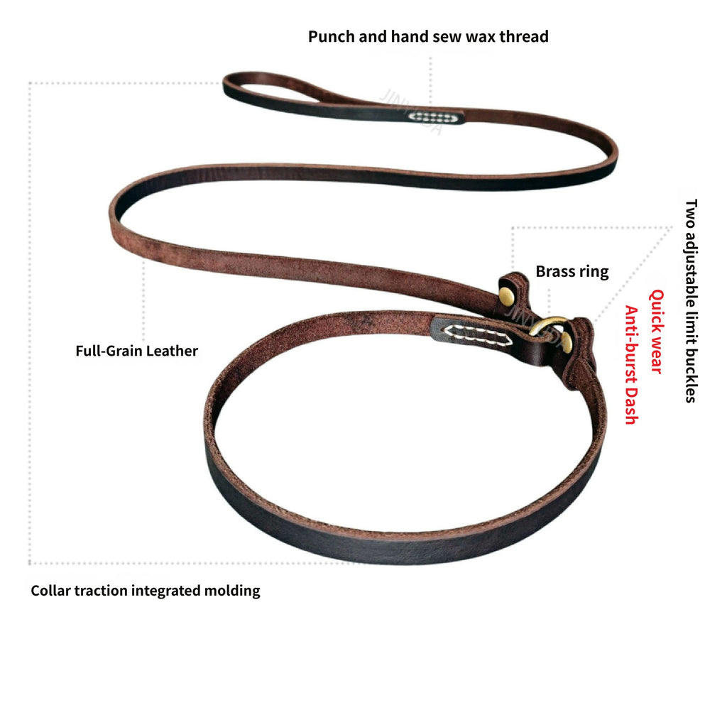 Genuine Leather Slip Lead Dog Training P Leash Anti Pull Close Control Walking Dog Lead Durable Real Leather Slip Collar Combined Dog Leash for Small Medium Large Dogs