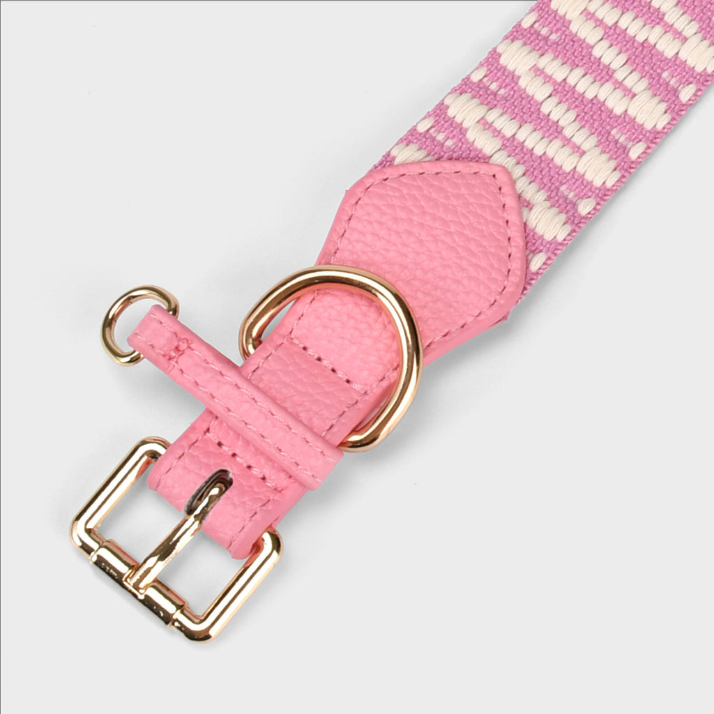 4cm Wide striped Webbing Dog Collar and Leash Set Genuine Leather Trim Adjustable Pet Collar Jacquard Woven Boho Dog Collar