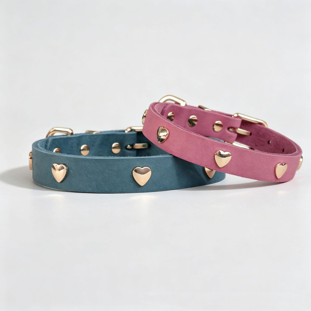 Genuine Full-Grain Leather Dog Collar Gold Heart Rivets Decor adjustable Pet Collar heavy duty no pull dog walking collar