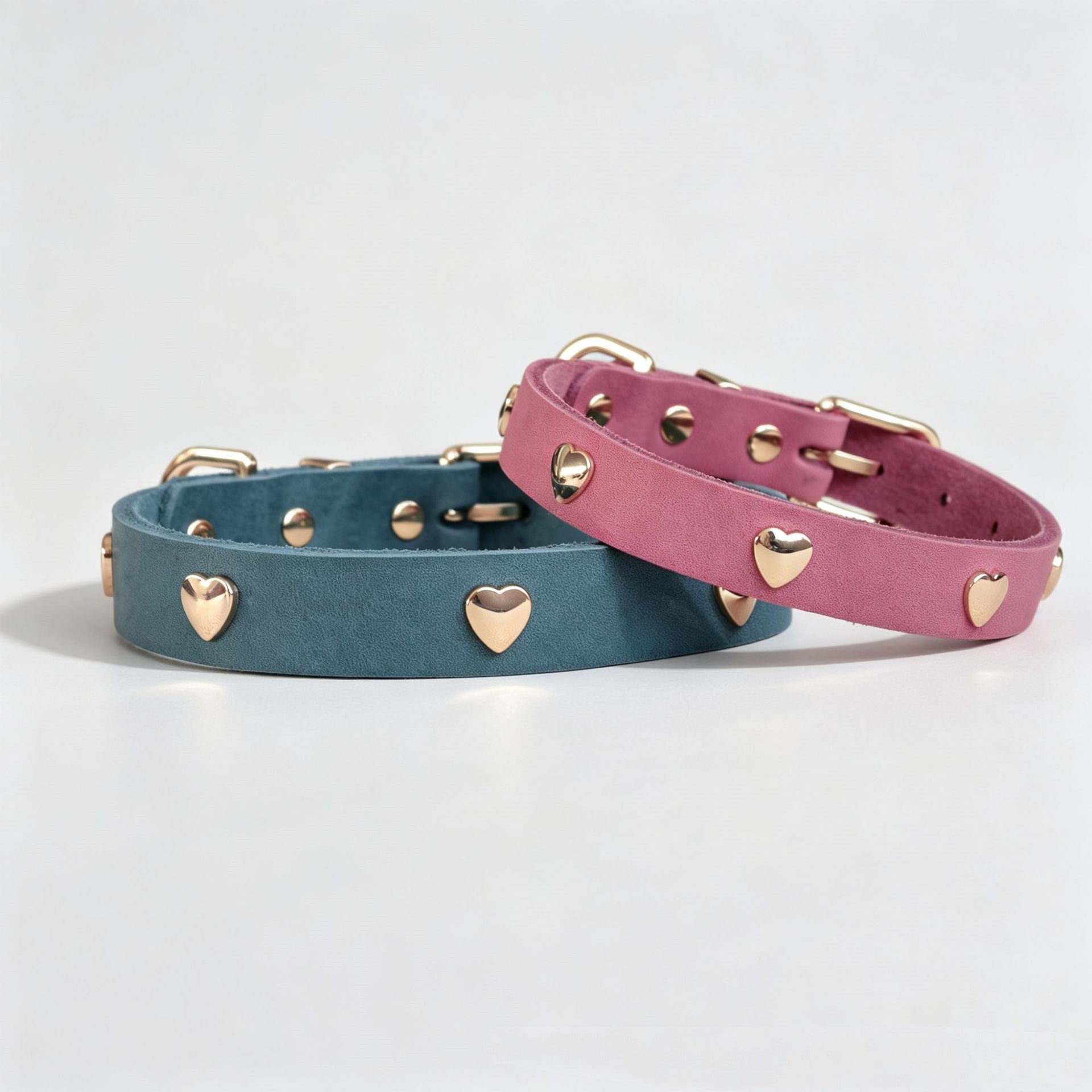 Genuine Full-Grain Leather Dog Collar Gold Heart Rivets Decor adjustable Pet Collar heavy duty no pull dog walking collar