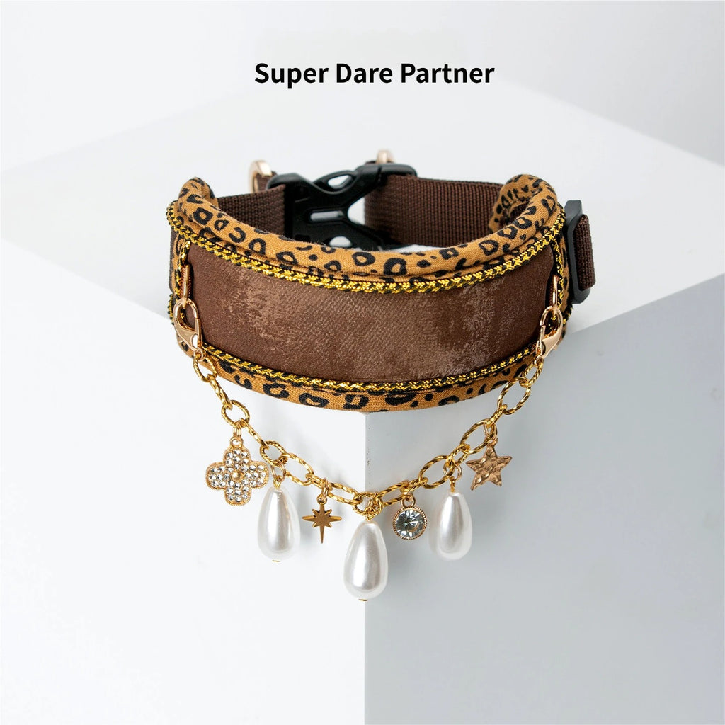Wide Padded Leopard Dog Collar with detachable pearl necklace