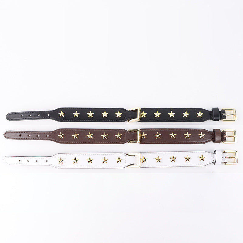 genuine Leather Pet Collar with Gold Metal Star Rivets Adjustable Soft Star Studded Leather Dog Collar wide Dog walking collar