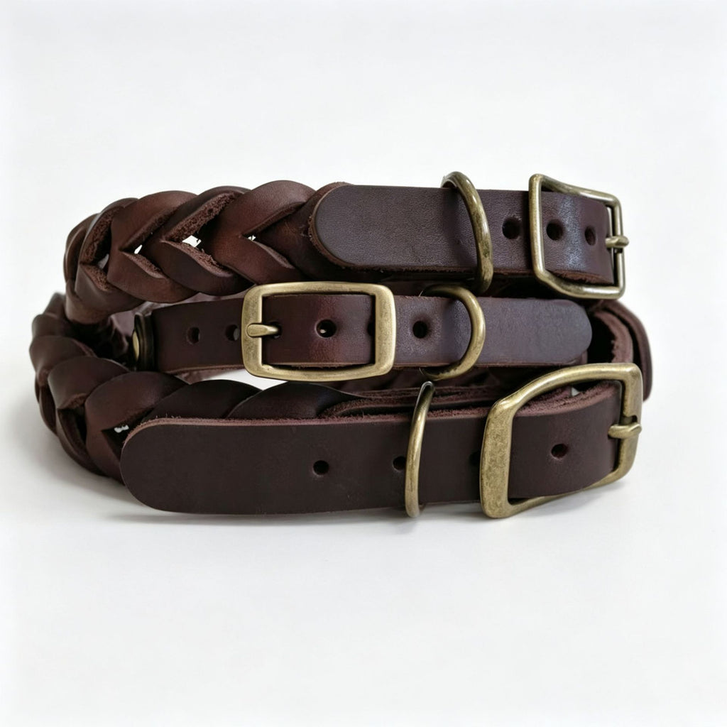 Hand Braided Genuine Leather Dog Collar with Solid Brass Hardware Heavy Duty Anti-Pull Adjustable Real Leather Collar for Small Medium Dogs