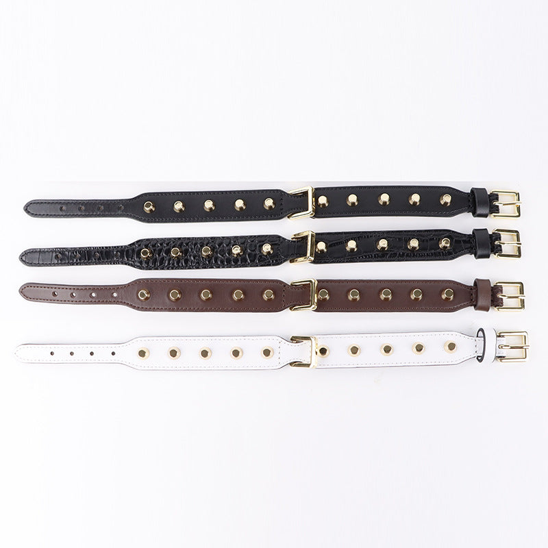 Genuine Leather Dog Collar with Gold Rivet Studs Adjustable Heavy Duty Collar for Small Medium Dogs pet walking training collar