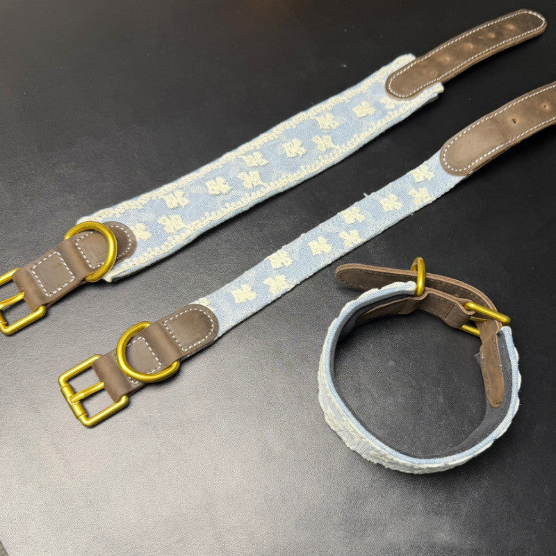 3.8cm Wide Soft Lace Embroidered Pet Collar Full‑Grain Genuine Leather Dog Collar adjustable Heavy‑Duty Dog walking Collar