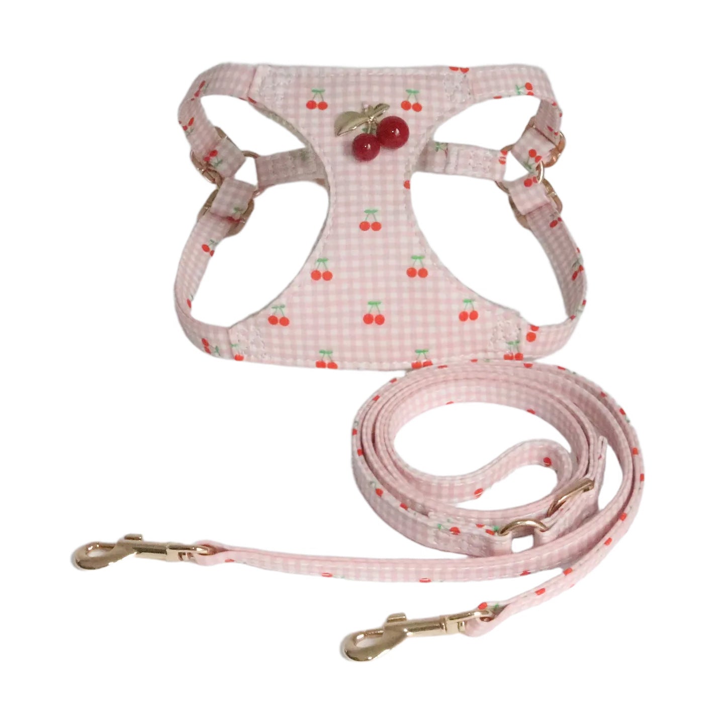 Cotton Dog Harness and Leash Set Plaid Cherry Pattern Lightweight pet vest harness Soft walking harness for small medium dogs