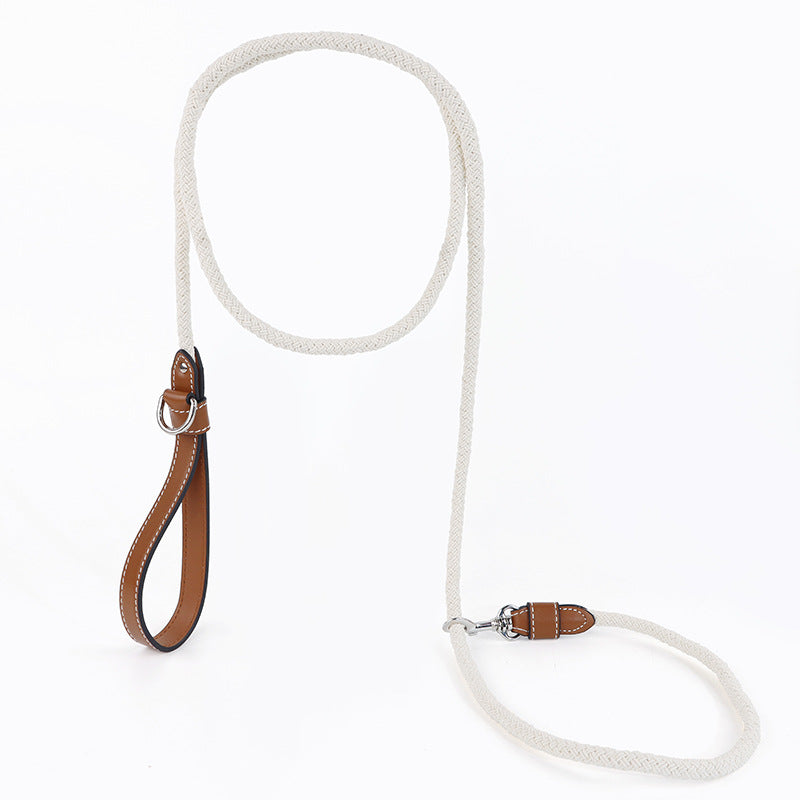 Braided Cotton Rope Dog Leash with Genuine Leather Handle Heavy Duty Anti-Pull Walking Lead Soft Comfortable Pet Training Leash