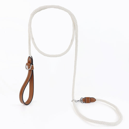 Braided Cotton Rope Dog Leash with Genuine Leather Handle Heavy Duty Anti-Pull Walking Lead Soft Comfortable Pet Training Leash