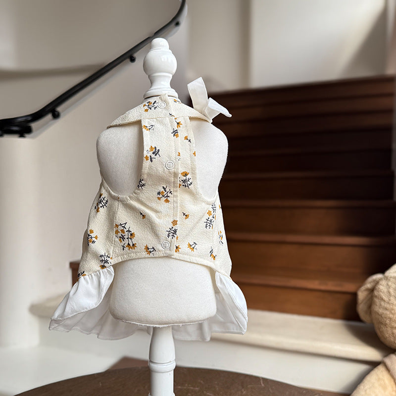 Cotton Floral Ruffle Dog Dress with Bow & Rhinestone Princess Outfit for Dog Birthday Party Wedding for Small Breeds Maltese Yorkie